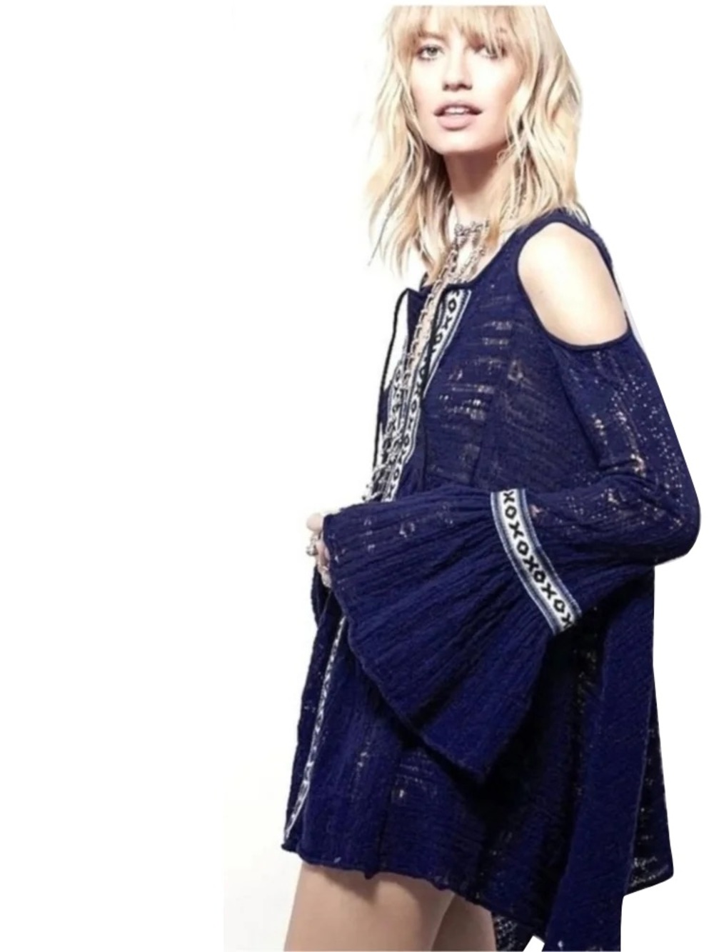 Free People Navy For the Love of Flowers Crochet Tunic Top